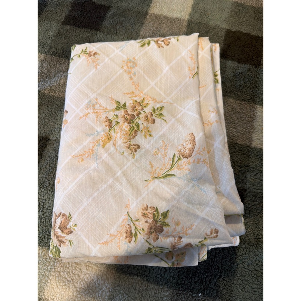 Vintage Thomaston New Era Twin Flat Sheet Floral Windowpane Tan Brown No Iron